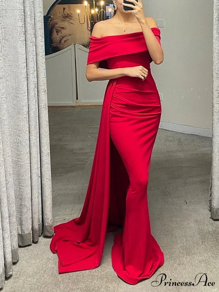 Evening Side Party Shoulder Stretch - with Off Night Gown Trains White Red / 6