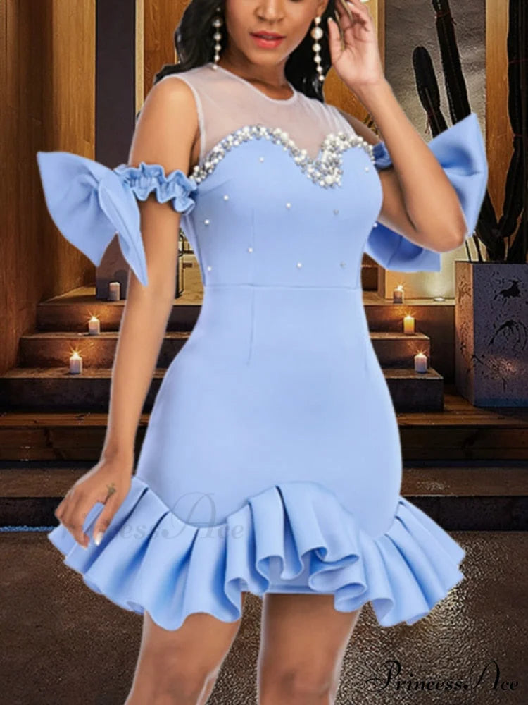 Event Christmas Detail Patchwork Backless Women’s Bodycon Bead with Fit Ruffles Design Party Celebrate Mesh Bowtie Gown