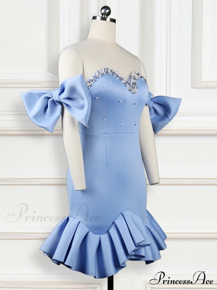 Event Christmas Detail Patchwork Backless Women’s Bodycon Bead with Fit Ruffles Design Party Celebrate Mesh Bowtie Gown