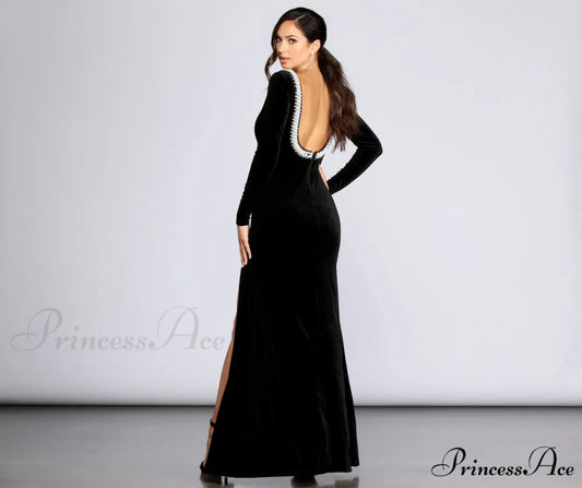 Everly Formal Velvet Charming And Pearl Dress BLACK / XS