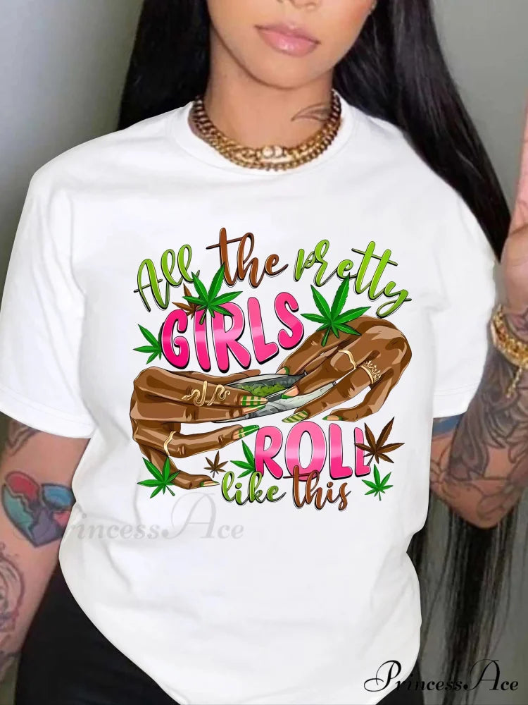 Every Day Tops Girls Hand & Letter Graphic Print Crew Neck Short Sleeve Women’s Clothing T-shirt WHITE / S