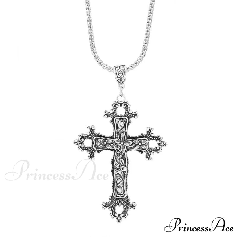 Exaggerated Gothic Silver Cross Hip-hop Sweater Necklace SILVER