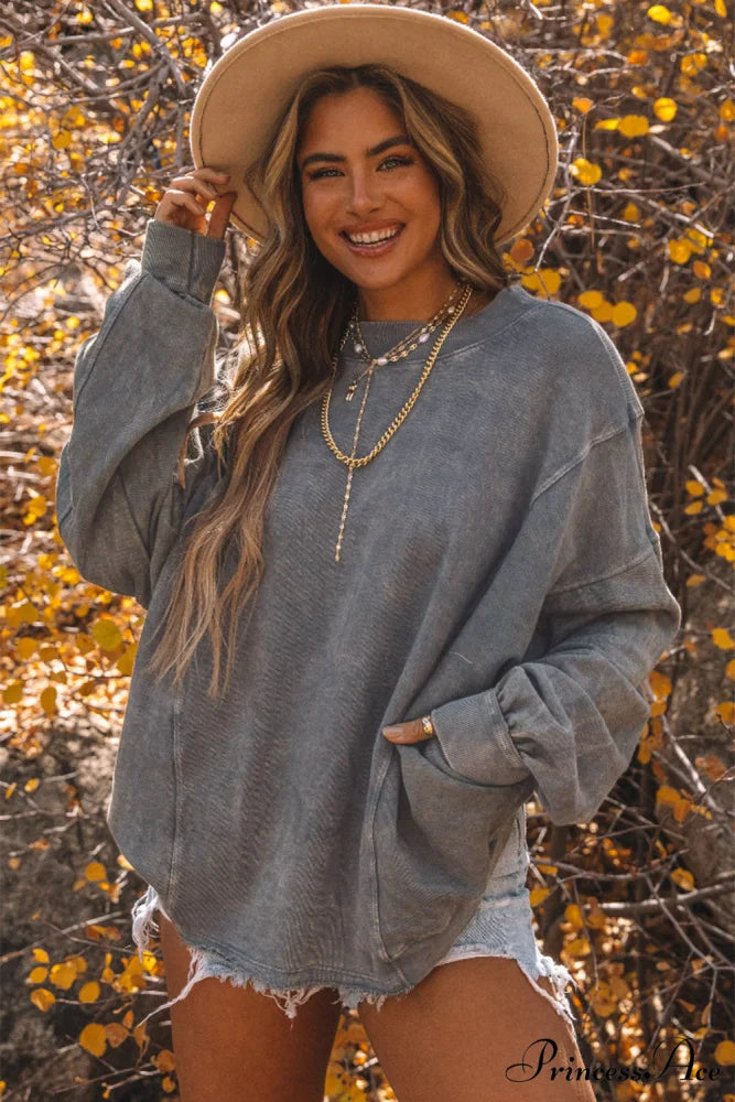 Exposed Twist Back Open Seam Oversized Gray Sweatshirt