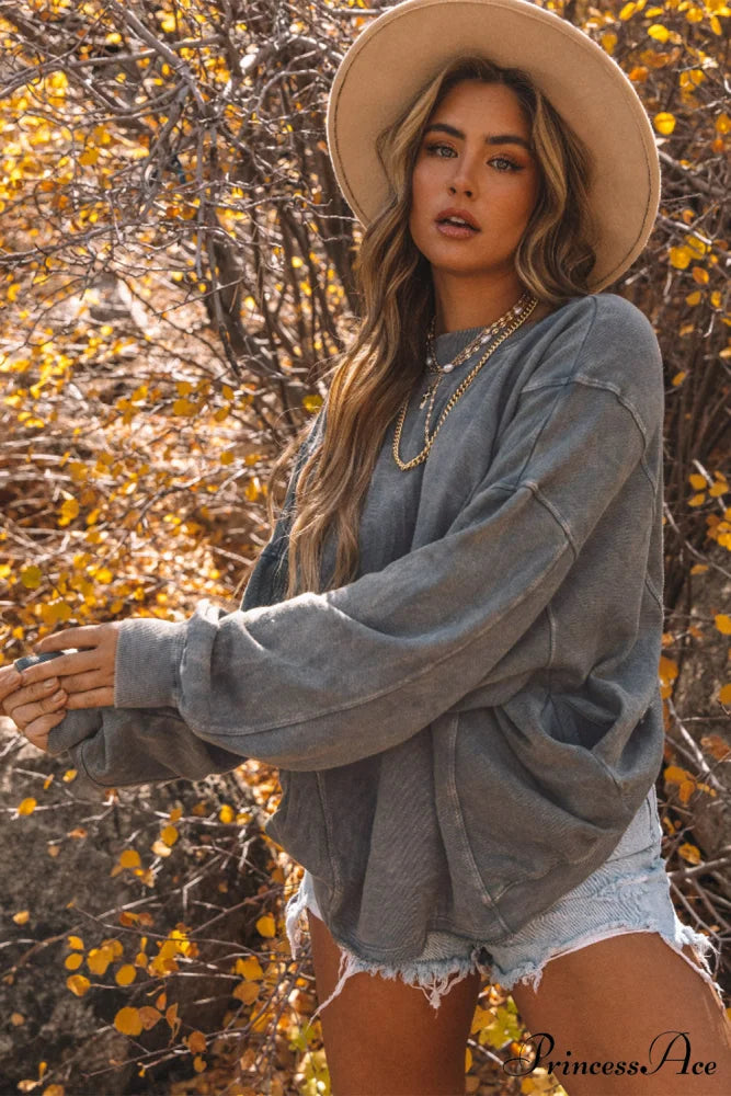 Exposed Twist Back Open Seam Oversized Gray Sweatshirt