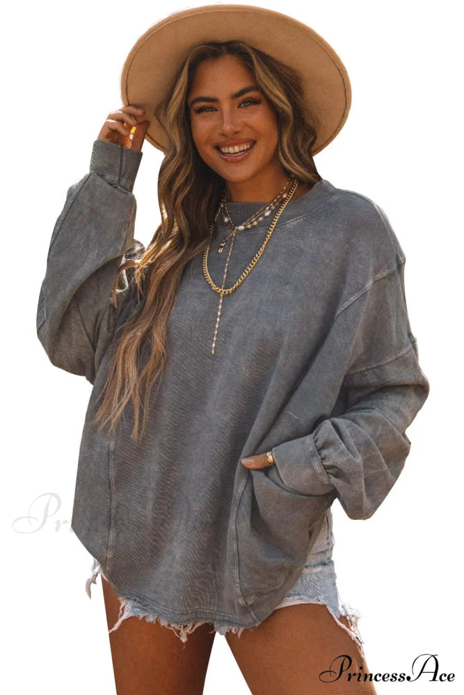 Exposed Twist Back Open Seam Oversized Gray Sweatshirt