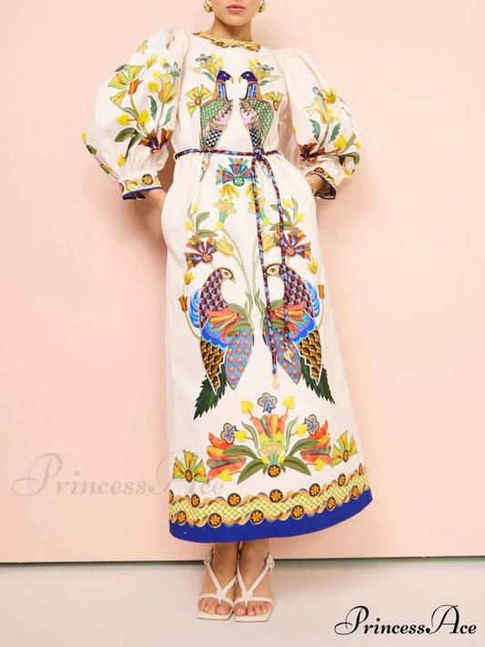 Exquisite And Fun Printed Puff Trendy Sleeves Loose Casual Midi Dress white / S