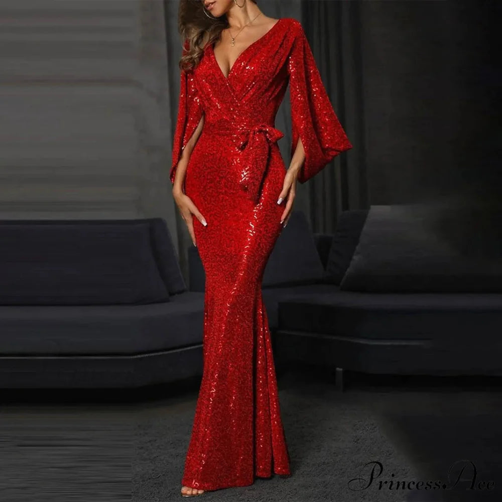 Exquisite Mesh Sequined High-Split Wedding Party Evening Gown Dress Red / S