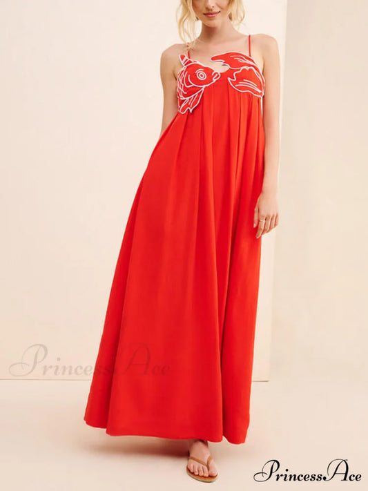 Exquisite Unique Fish-Shaped Charming Top Suspender Midi Dress Red / S