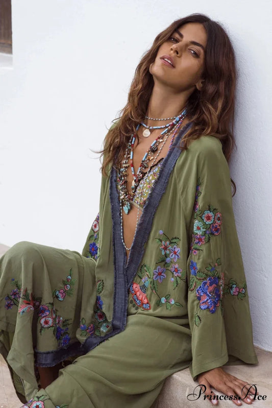 Extended Flower Stitch Beach Cover-Up Bohemian Cardigan army green / One Size bohoblouse-250126
