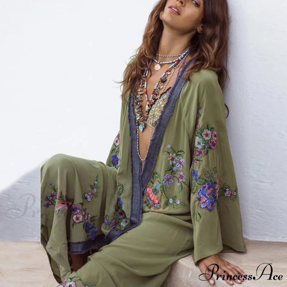 Extended Flower Stitch Beach Cover-Up Bohemian Cardigan army green / One Size bohoblouse-250126