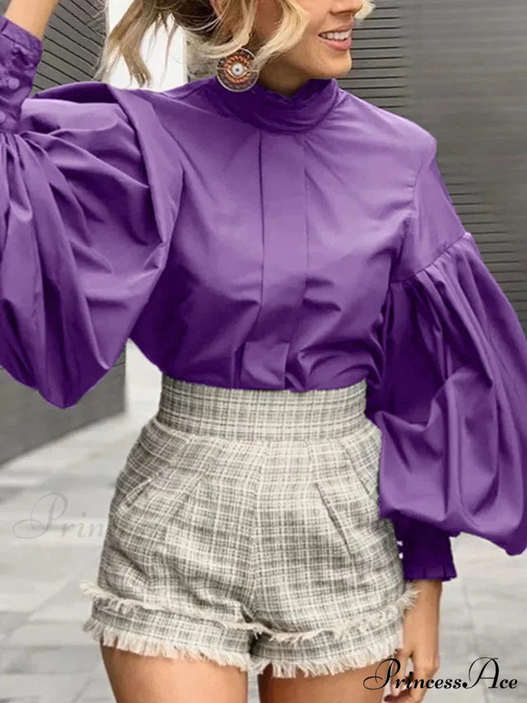 Extended Lantern Sleeve Solid Violet Blouse Stylish Blouse Purple / S blouse-250126