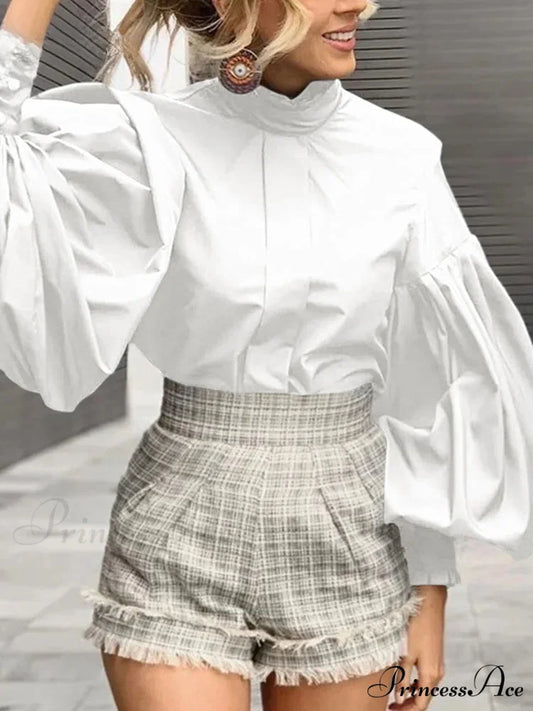 Extended Lantern Sleeve Solid Violet Blouse Stylish Blouse White / S blouse-250126