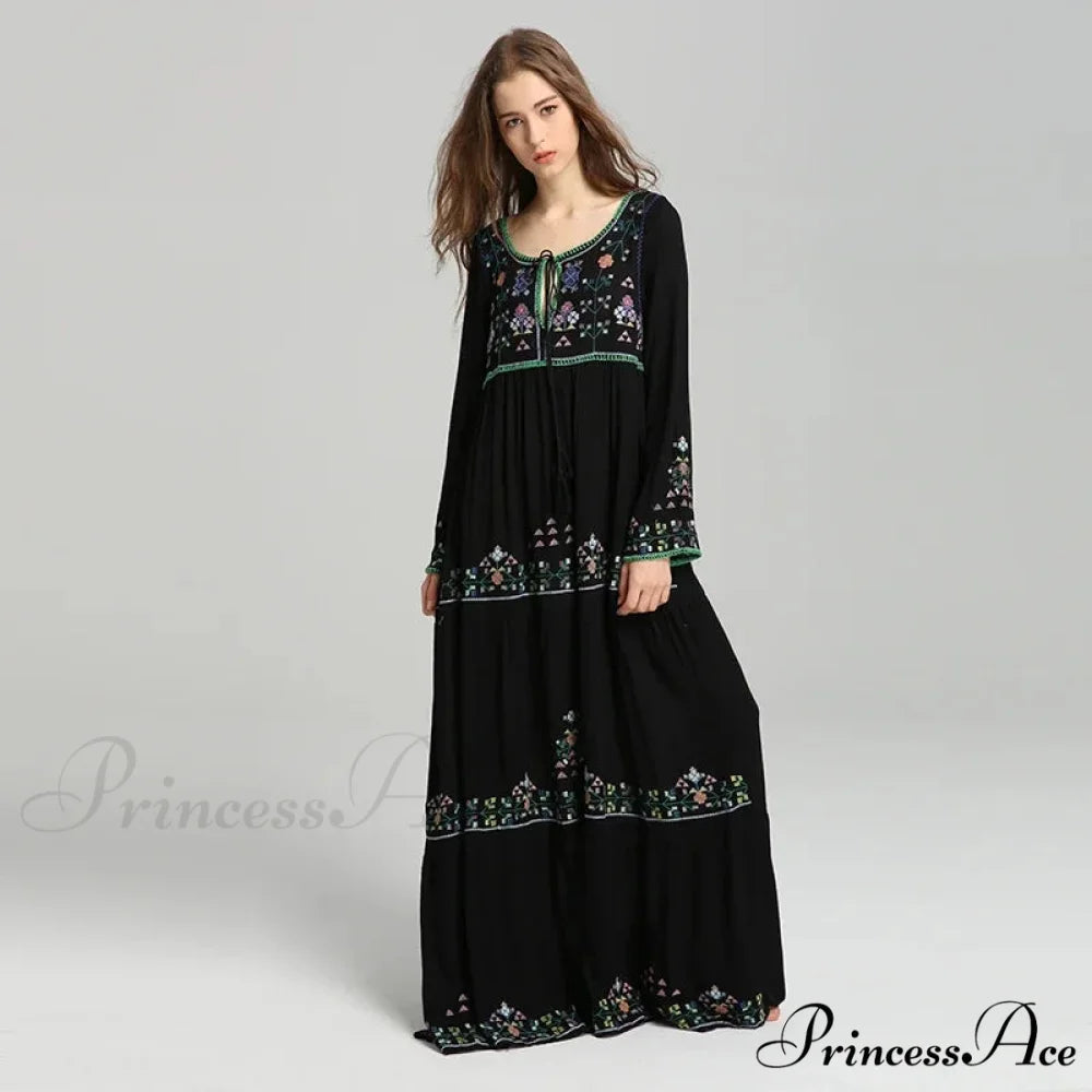 Extended Sleeve Cultural Tunic Full-Length Dress Black / S bohodress-250126