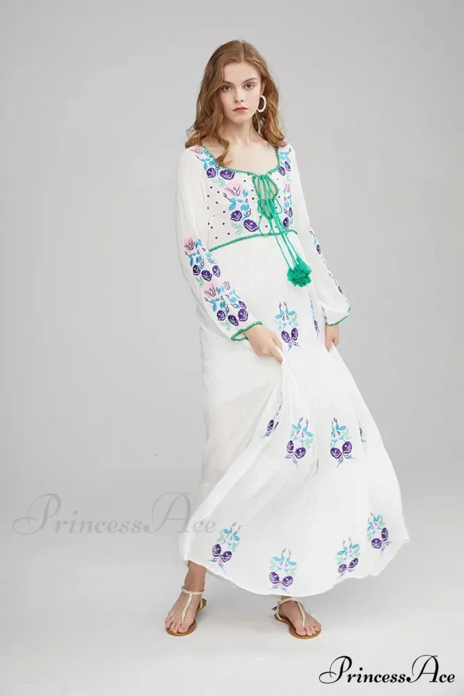 Extended Sleeve Cultural Tunic Full-Length Dress bohodress-250126