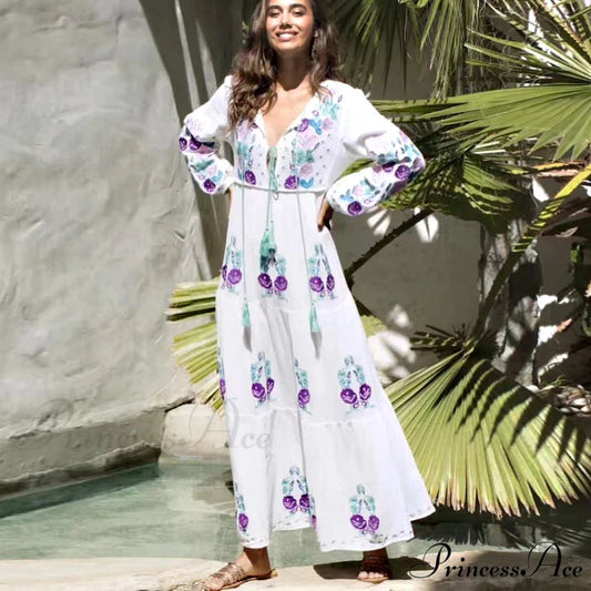 Extended Sleeve Cultural Tunic Full-Length Dress bohodress-250126