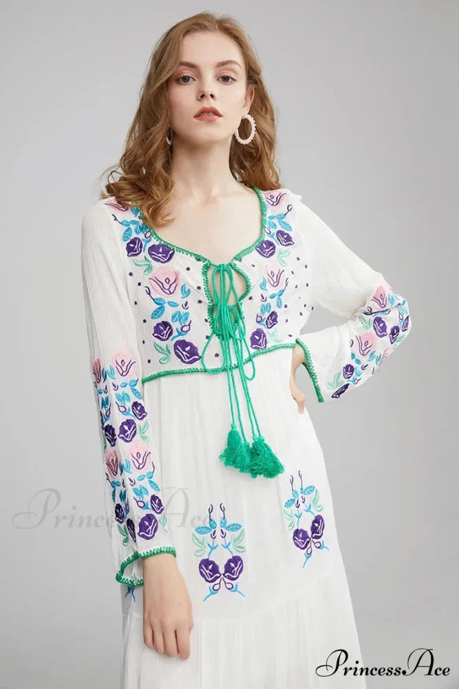 Extended Sleeve Cultural Tunic Full-Length Dress bohodress-250126