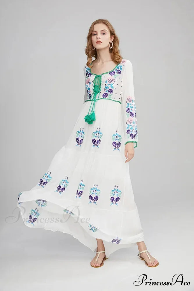 Extended Sleeve Cultural Tunic Full-Length Dress bohodress-250126