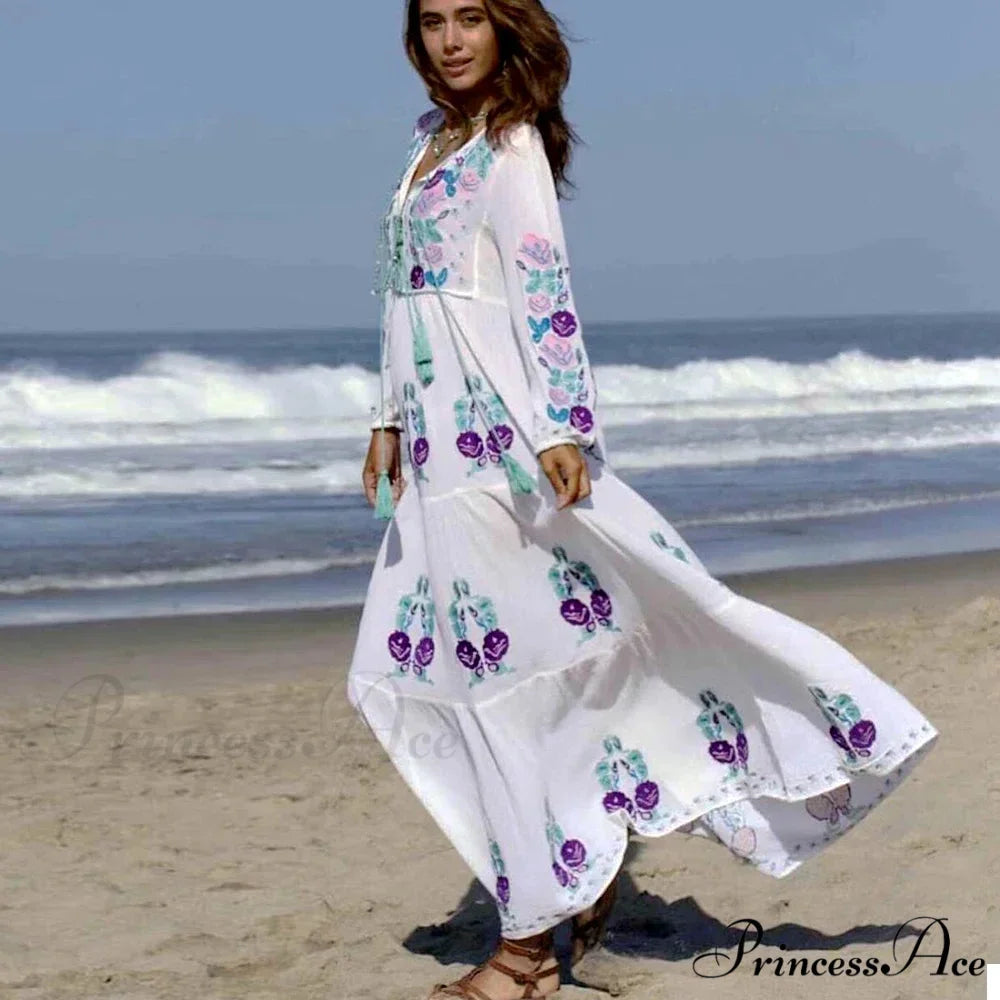 Extended Sleeve Cultural Tunic Full-Length Dress bohodress-250126