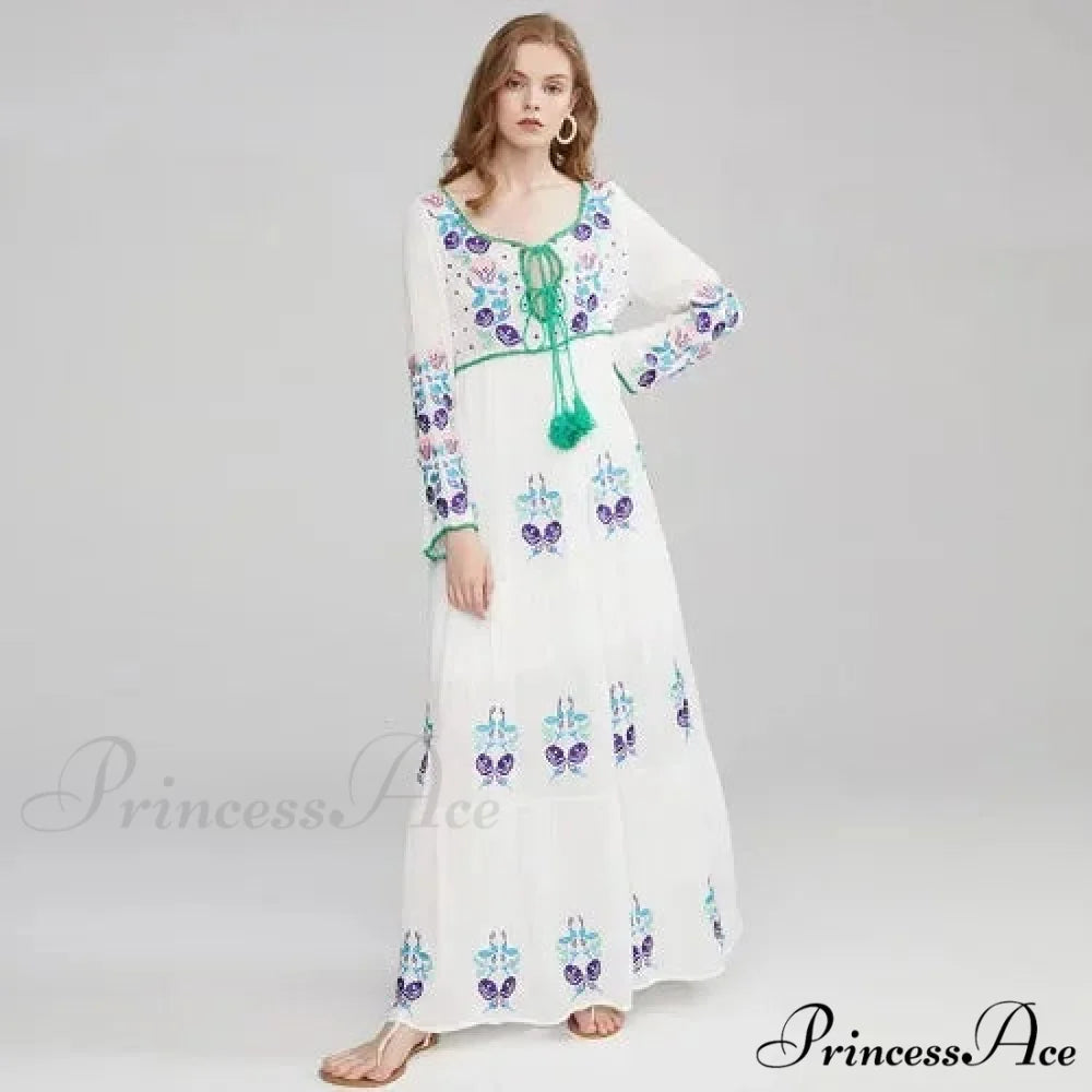 Extended Sleeve Cultural Tunic Full-Length Dress WHITE / S bohodress-250126