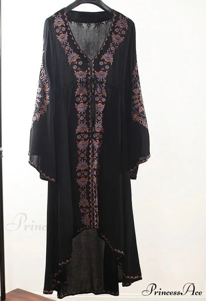 Extended Sleeve Flower Stitched Cotton Bohemian Dress Black / S bohocoverup-250126