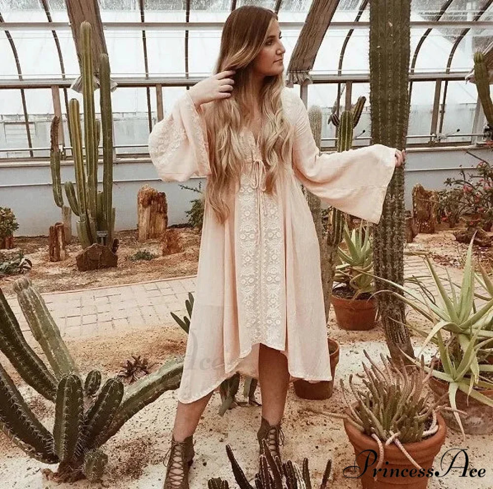 Extended Sleeve Flower Stitched Cotton Bohemian Dress bohocoverup-250126