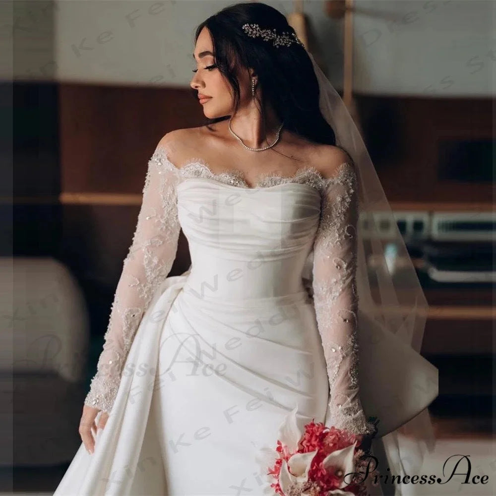 Extended Sleeve Off-Shoulder Silk Bridal Gown weddingdress-250223