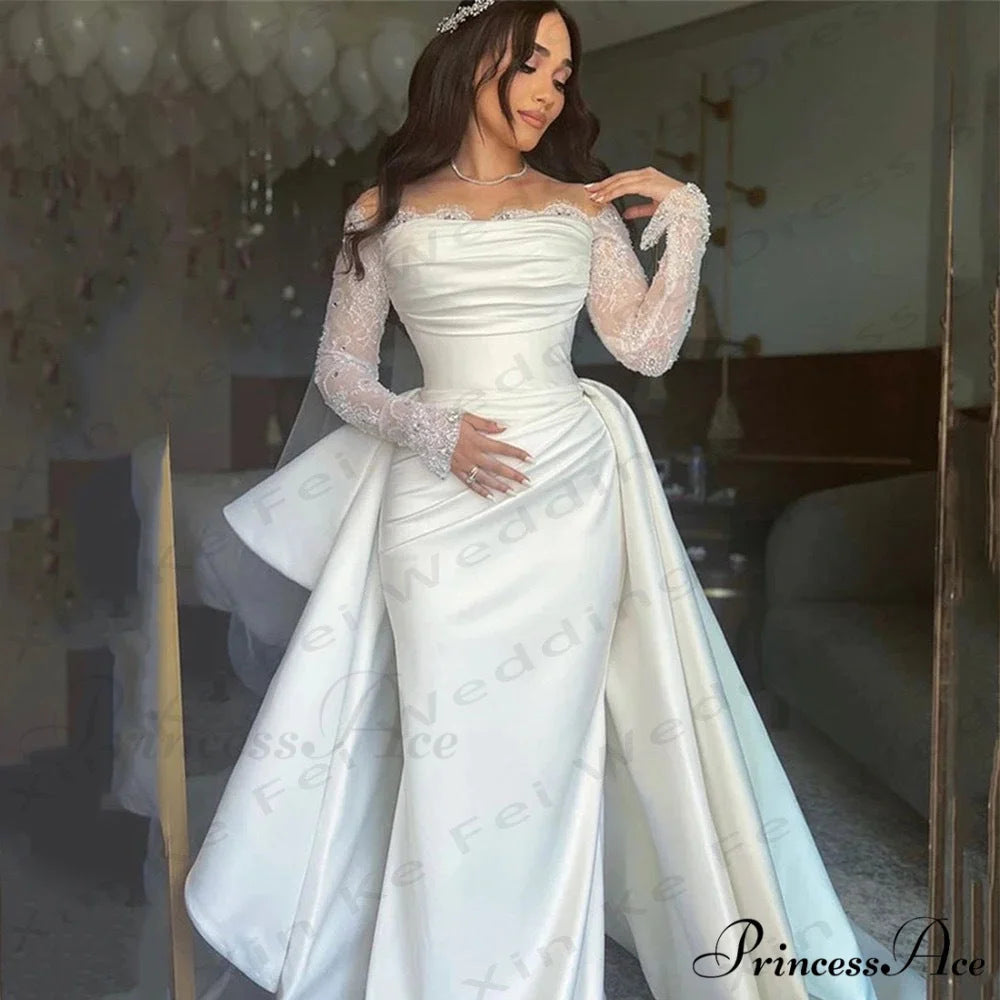 Extended Sleeve Off-Shoulder Silk Bridal Gown weddingdress-250223