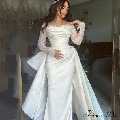 Extended Sleeve Off-Shoulder Silk Bridal Gown weddingdress-250223