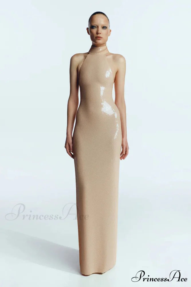 Extended-Sleeve Sparkling Split Maxi Prom Dress apricot / XS promdress-250223