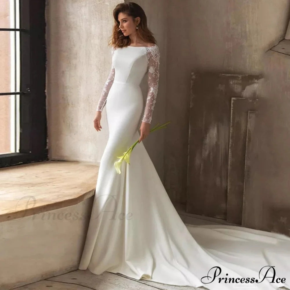 Extended Sleeve U-Shaped Mermaid Wedding Gown weddingdress-250223