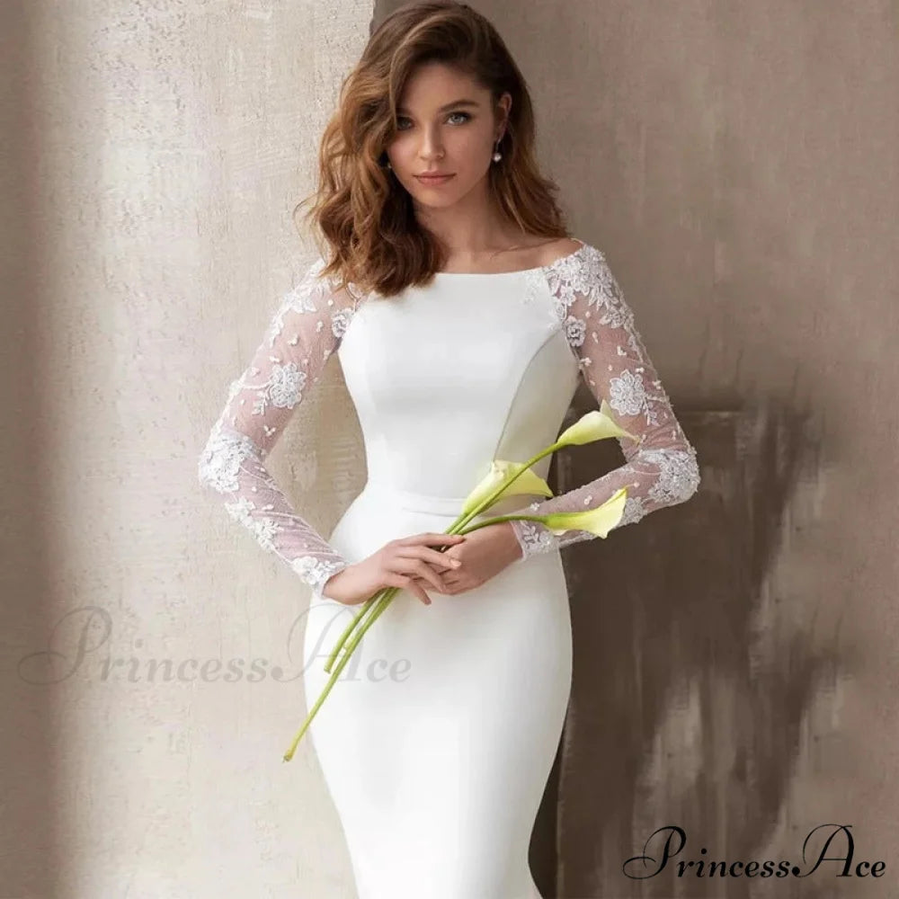 Extended Sleeve U-Shaped Mermaid Wedding Gown white / 2 weddingdress-250223