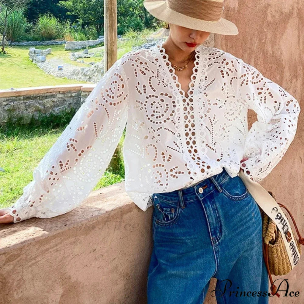 Extended Sleeve V-Neck Empty Out Flowered Lace Boho Top bohoblouse-250126