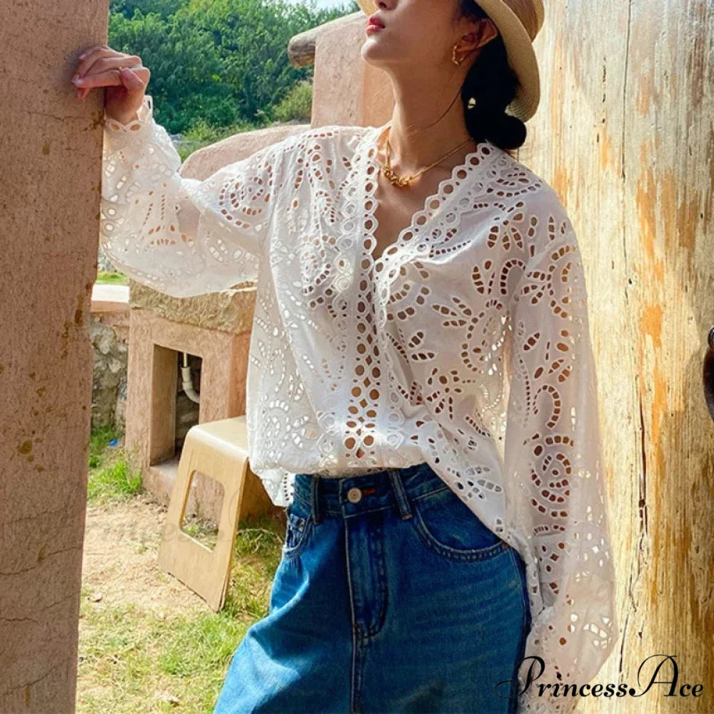 Extended Sleeve V-Neck Empty Out Flowered Lace Boho Top bohoblouse-250126