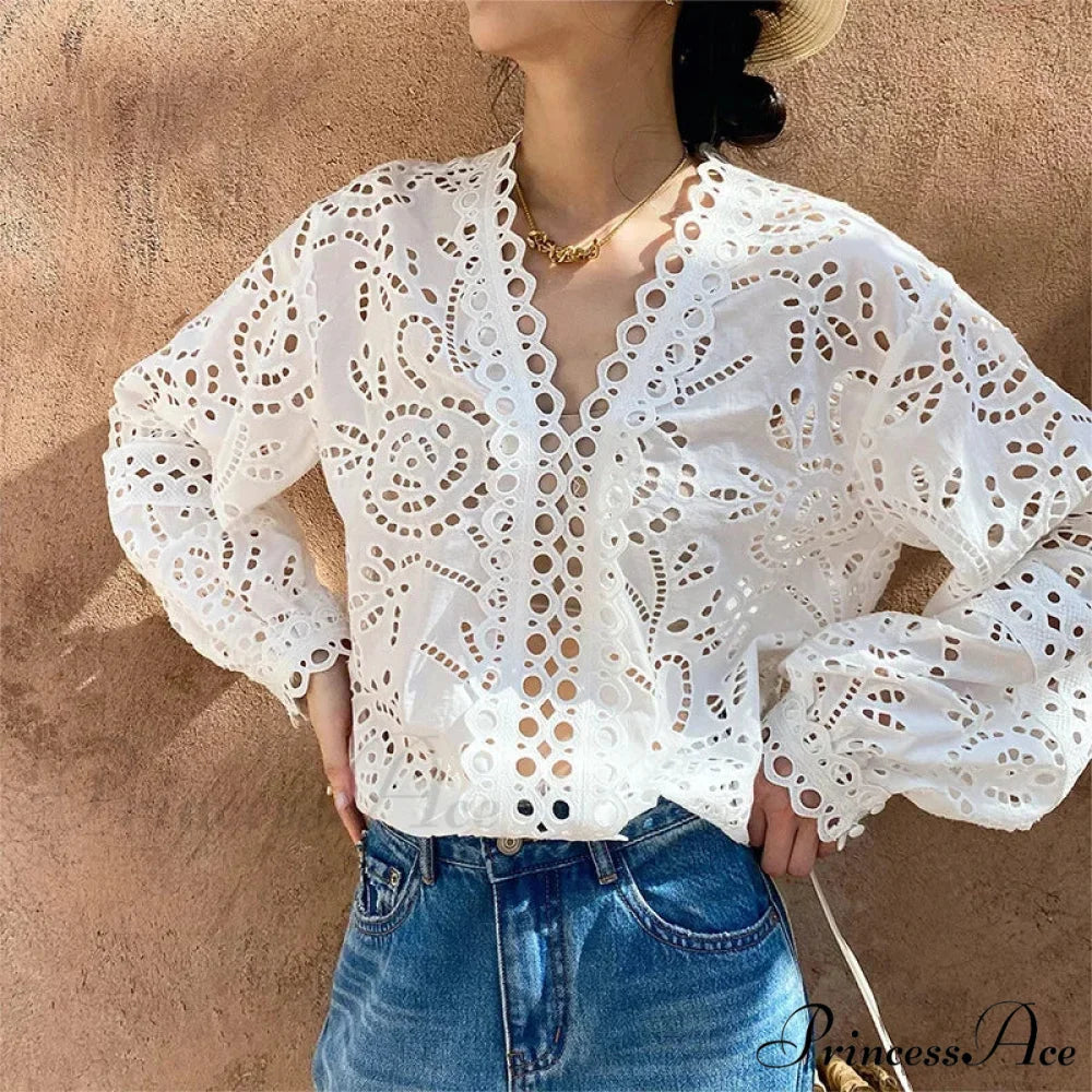 Extended Sleeve V-Neck Empty Out Flowered Lace Boho Top White / S bohoblouse-250126
