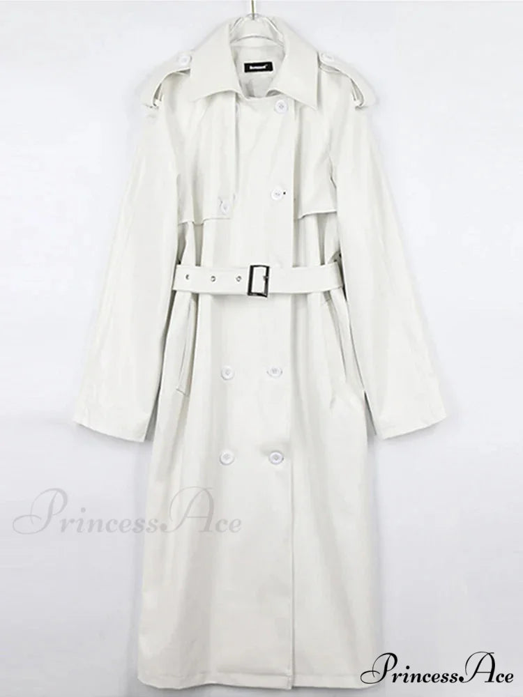 Extra Long Oversized Black Faux Leather Long Sleeve Belt Double Breasted Loose Fashion Stylish Coat White / One size