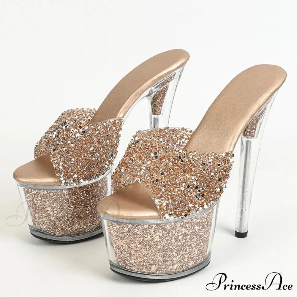 Extreme 17CM Pole-Dance Sequined Transparent Platform Peep-Toe Sexy Slipper Stripper High Heel Golden / 34