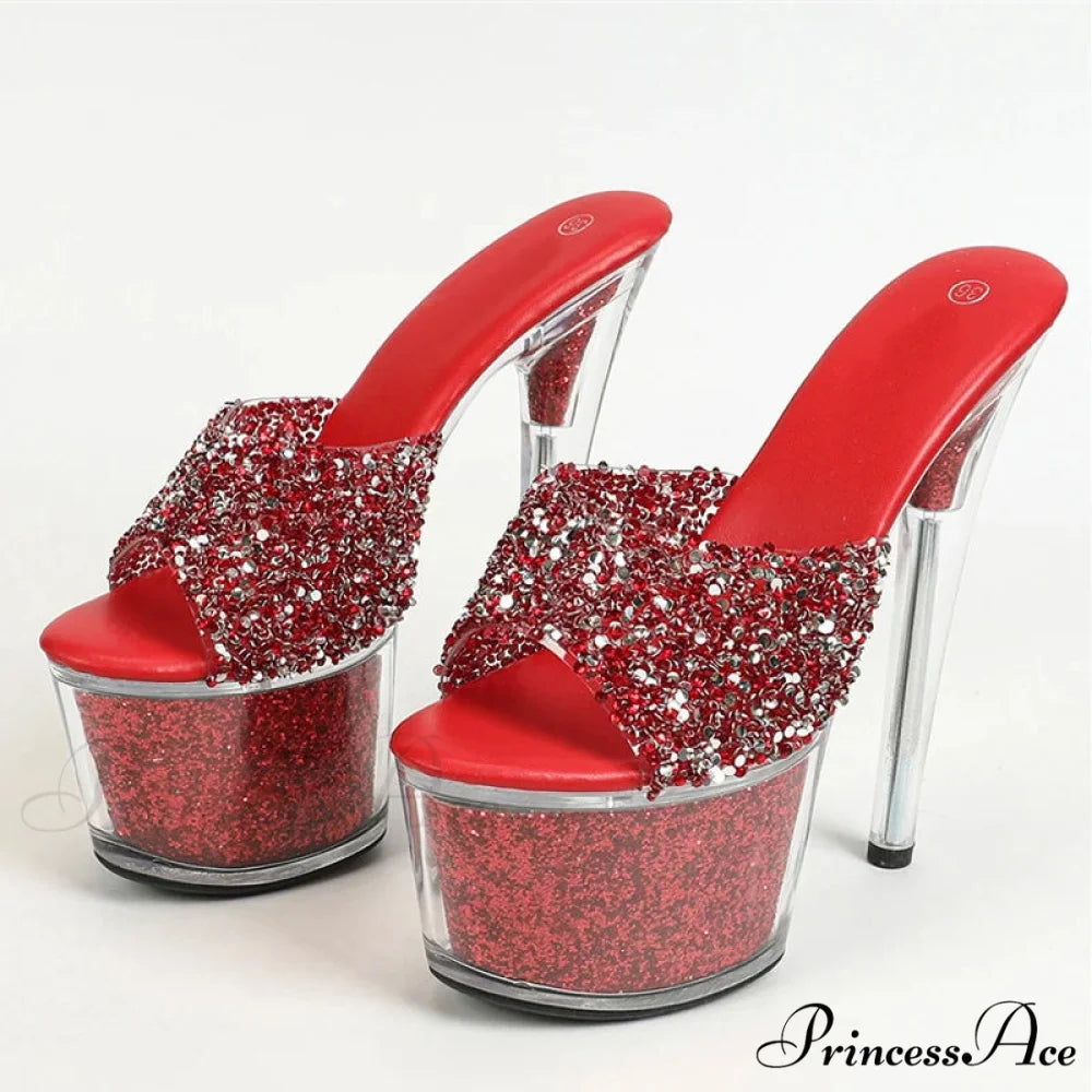 Extreme 17CM Pole-Dance Sequined Transparent Platform Peep-Toe Sexy Slipper Stripper High Heel Red / 34