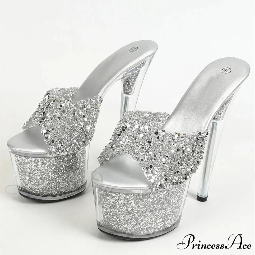 Extreme 17CM Pole-Dance Sequined Transparent Platform Peep-Toe Sexy Slipper Stripper High Heel Silver / 34