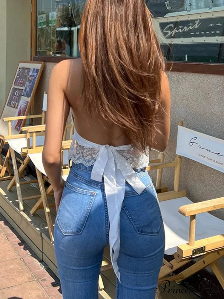 Eyelet Embroidery Halter Lace Frill Open-back Crop Top croptop-250126