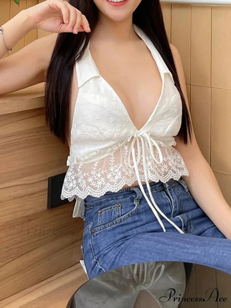 Eyelet Embroidery Halter Lace Frill Open-back Crop Top WHITE / S croptop-250126