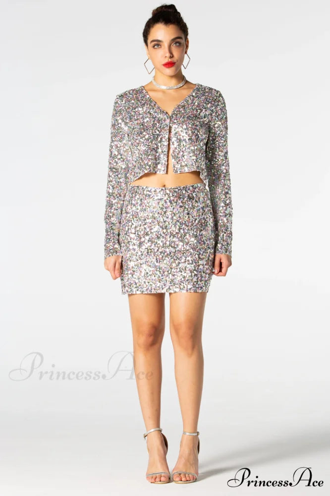 Ezra Silver Stylish Sequin Two-Piece Set