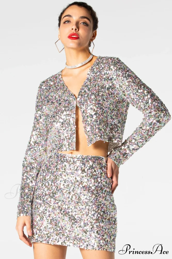 Ezra Silver Stylish Sequin Two-Piece Set S / Silver Sequin