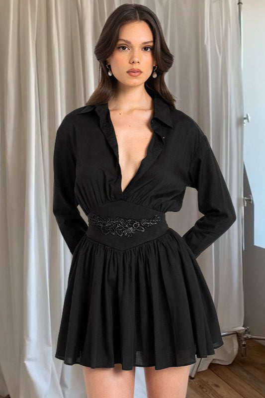 Embroidered Ruffle Waist Shirt Mini Dress
