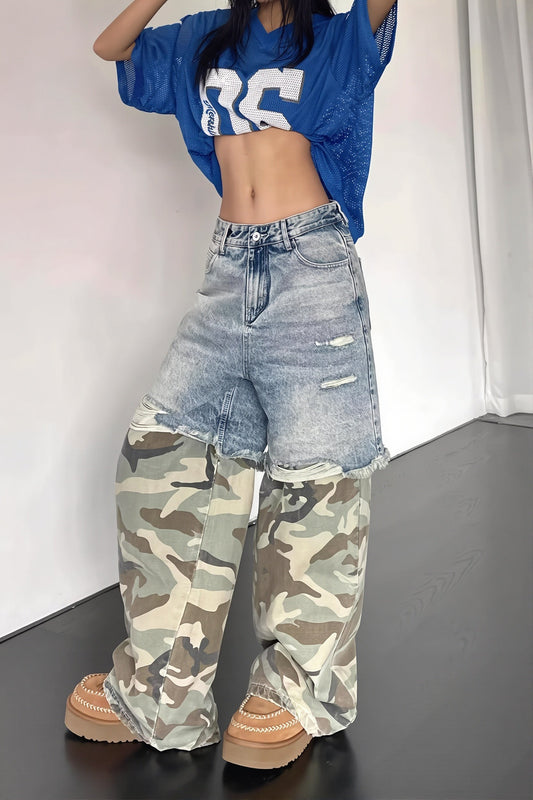 Vintage Camo Print Spliced Loose Jeans