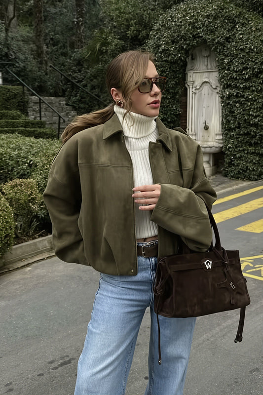 Solid Suede Look Balloon Hem Zip Jacket