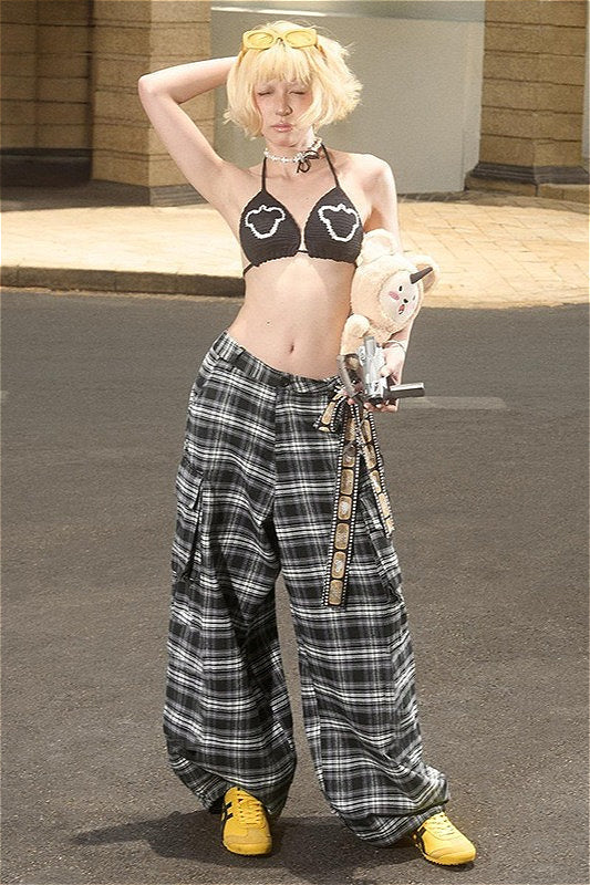 Vintage Plaid Wide Leg Cargo Pants