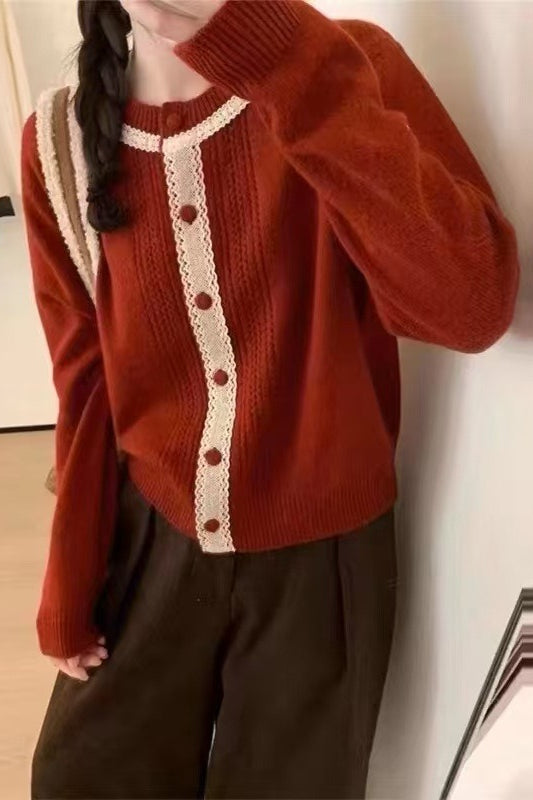 Vintage Lace Trimmed Knit Christmas Cardigan