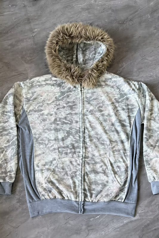 Camo Faux Fur Trim Fitted Zip Hoodie