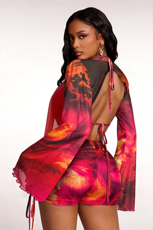 Square Neck Mesh Panel Graffiti Print Two Piece Set