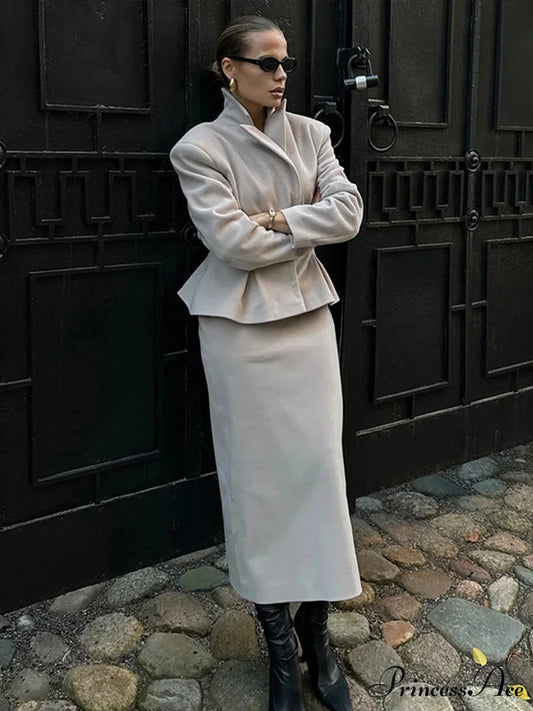 Fabric Blazer Zip Skirt Workplace Two Piece Set Apricot jacket top / S officetwopieceset-250223
